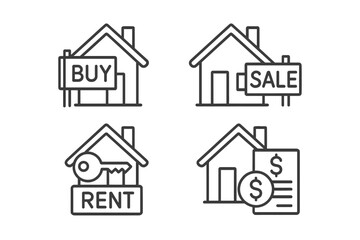 Fototapeta premium Set of linear line icons for real estate, house buying, selling, renting, mortgages, housing loans, property investment, home ownership, web outline pictograms, linear style vector set