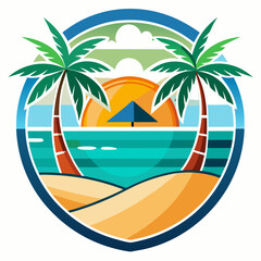 Obraz premium Vector art of circular emblem featuring a tropical beach with two palm trees, calm ocean waters, a sun, and a beach umbrella, evoking a serene vacation