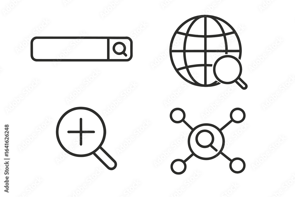 Aufkleber search icon set in thin line style. web search bar, magnifying glass, zoom in, global internet brows