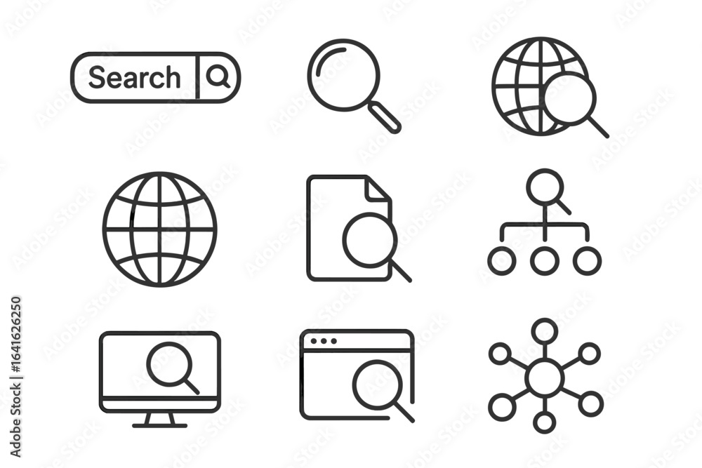 Poster web search outline icon set. linear style pictograms for internet, data analysis, and seo. includes 