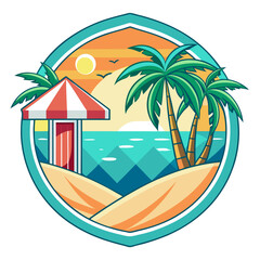 Obraz premium Vector art of tropical beach scene with palm trees, an umbrella, and the sun setting over the ocean, evoking a sense of summer vacation and relaxation