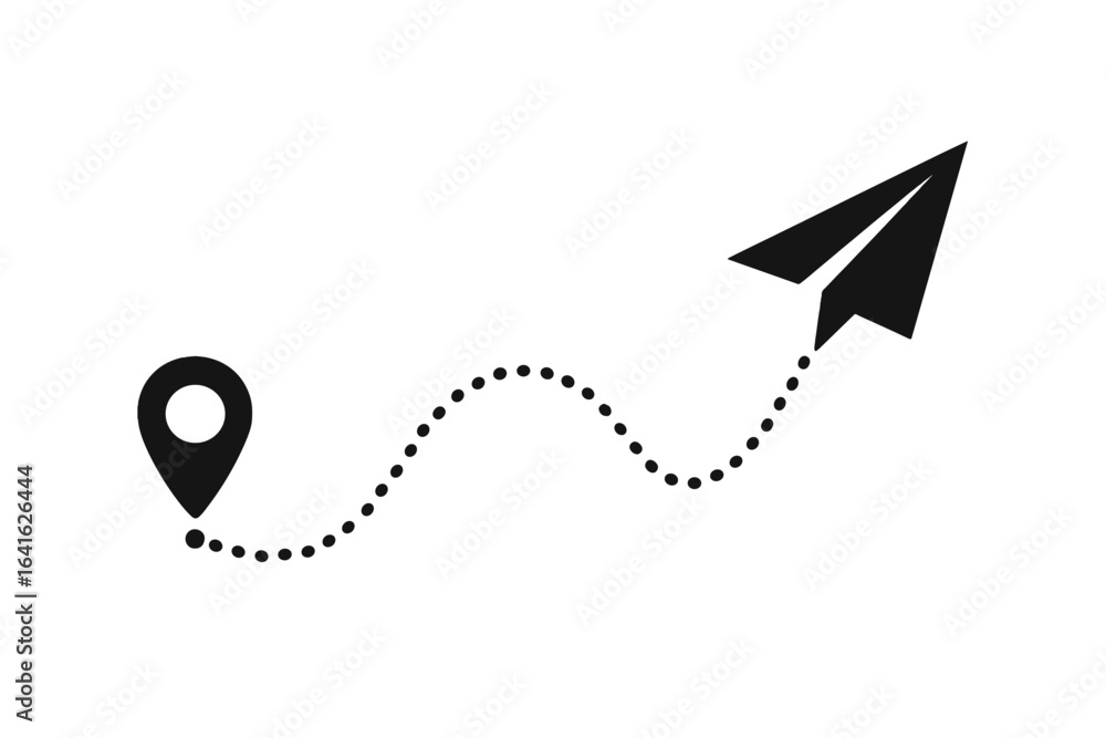 Poster paper airplane flight path with location pin. dotted line route from start point to destination. tra