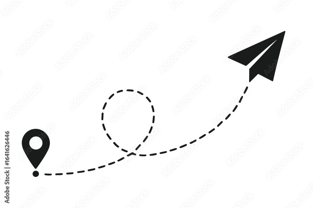 Aufkleber paper airplane flight path with start point location pin. dashed line route with a loop, travel and 