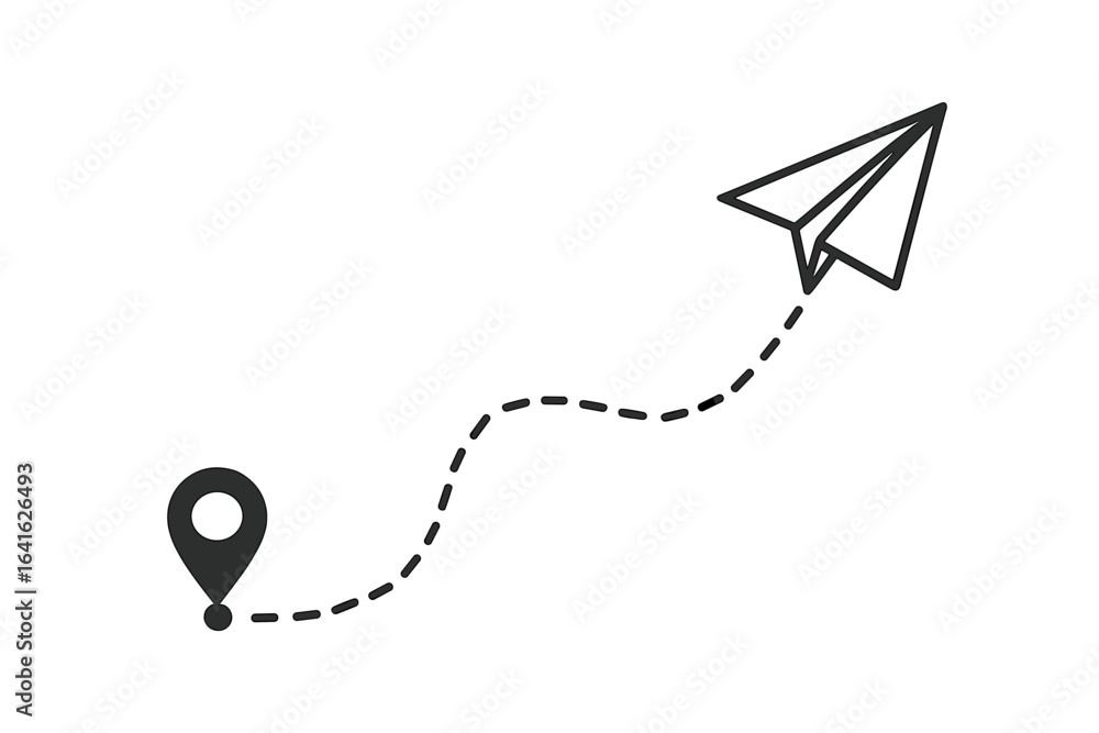 Poster paper plane flight path with location pin. dotted line route from start point to destination. travel