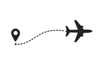 Airplane flight route with start location pin. Plane path with dotted line trace. Aircraft silhouette icon for travel, tourism, vacation, and journey concept. Vector illustration.