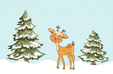 Cute cartoon deer in snowy winter forest with Christmas trees, clip art, landscape. Vector illustration