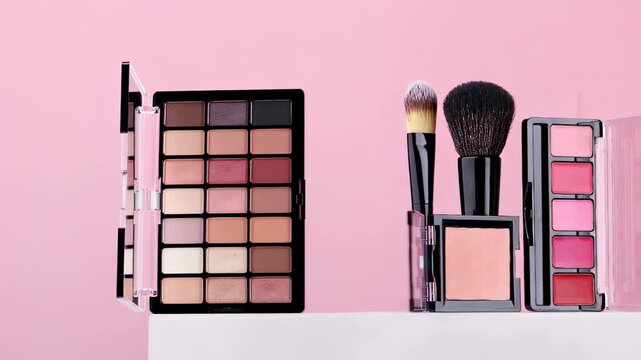 Minimalistic video of professional makeup tools concept. Blush, powder, brushes and eyeshadow palette on a stand on a pink background. Women's accessories, beauty products