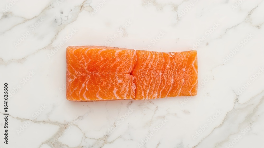 Poster uncooked salmon slice displayed on a marbled background from above