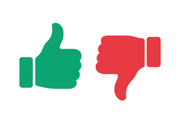 Thumbs up and thumbs down icon set. Green like and red dislike buttons. Yes and no vote symbols for feedback, review, and social media. Approve and disapprove flat vector.