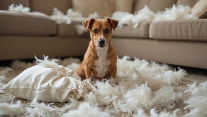 Fototapeta na wymiar Entertaining Dog Behavior: Mischievous Jack Russell Destroys Sofa Pillow When Left Alone