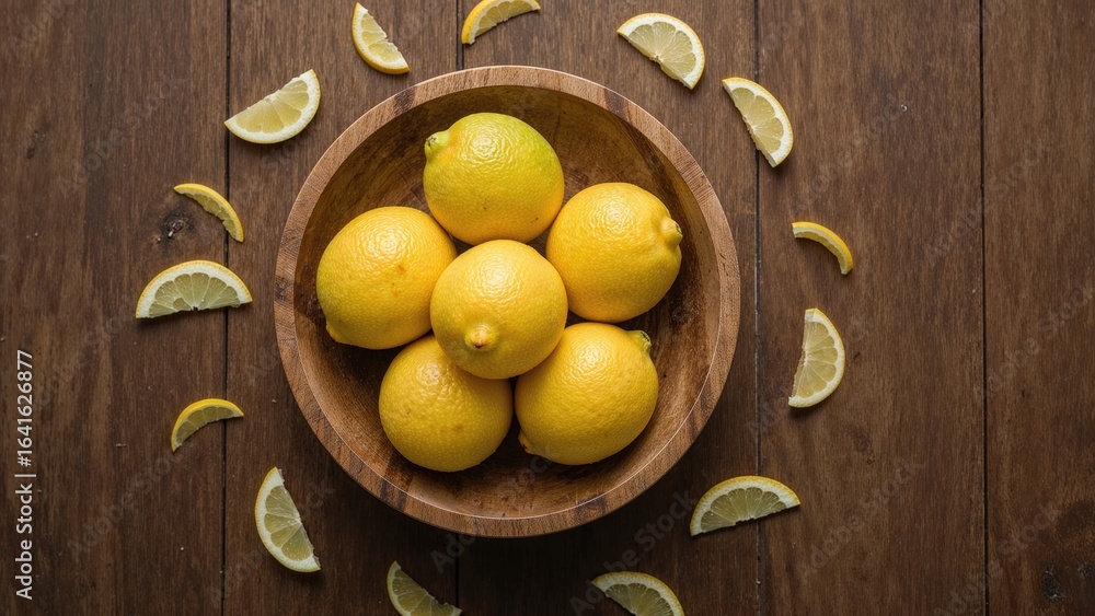 Aufkleber citrus fruits in a container with sliced pieces arranged on a rustic wooden surface. overhead shot. 
