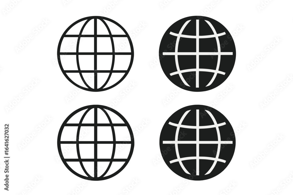 Poster global web network icons set. vector flat linear and silhouette globe symbols with curved meridians 