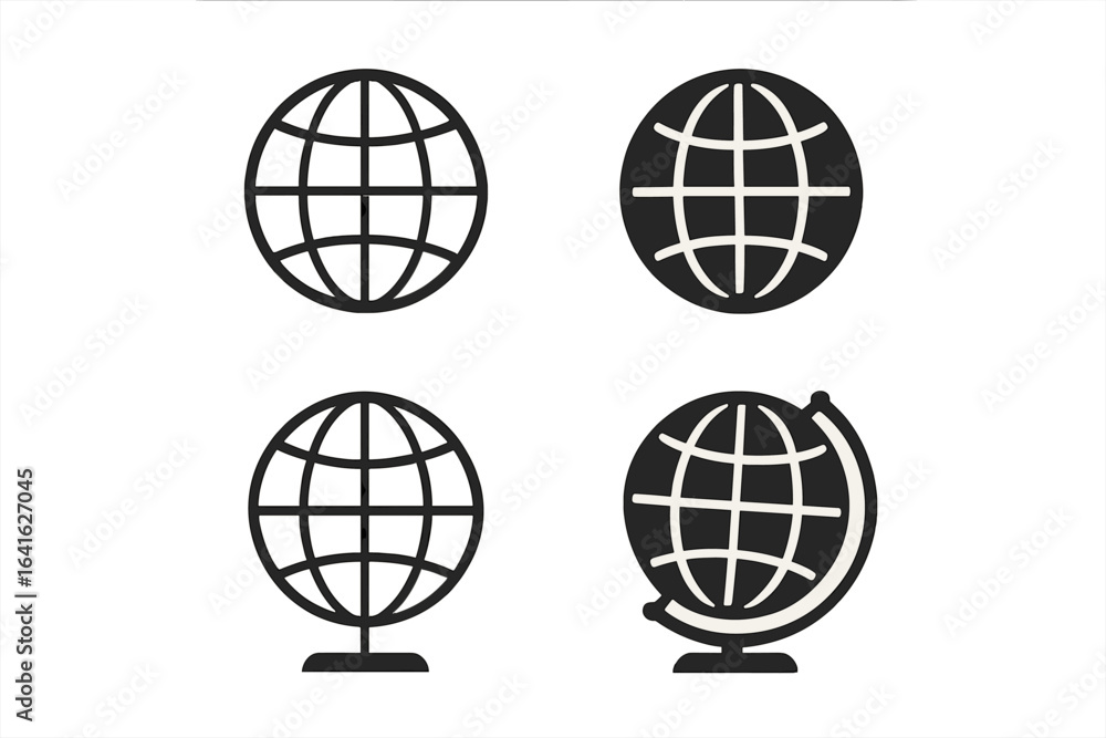 Poster black globe icon set. flat linear web globe symbols with meridians. editable vector elements. silhou