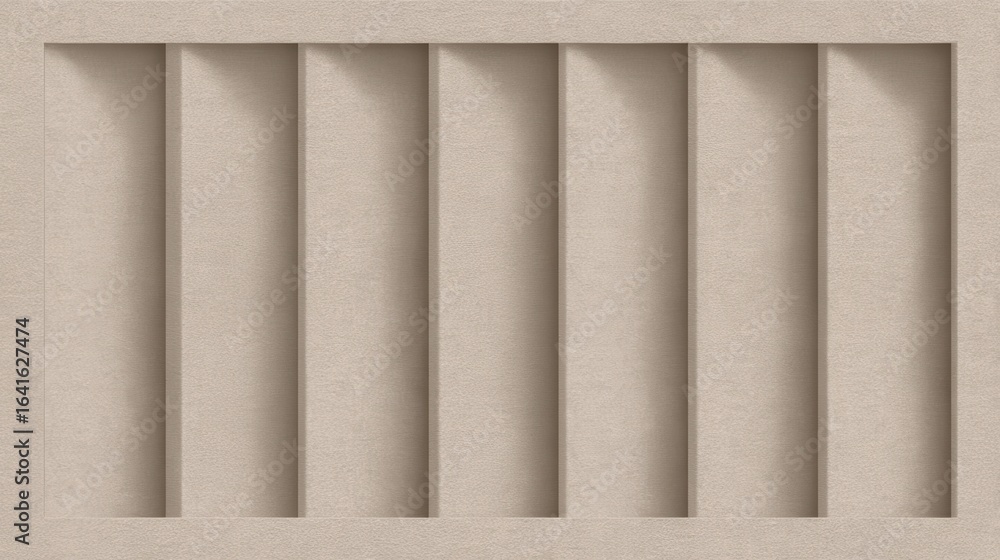 Poster neutral toned textured surface with vertical linear patterns, casting dynamic shadows and highlighti