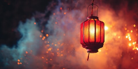 Obraz premium The elegant red lantern illuminating a smoky atmosphere at a festival celebration.
