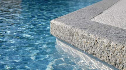 Sunlight reflecting on rippling pool water, illuminating sleek granite coping with luminous, serene ambiance of high end outdoor design