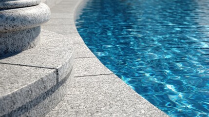 Bright sunlight reflecting on pristine blue pool water, surrounding granite surfaces creating serene luxury resort ambiance with elegant architectural details