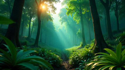 Fototapeta premium Sunlight Streaming Through Trees In A Lush Green Forest With A Winding Path Visible Ahead In The Distance