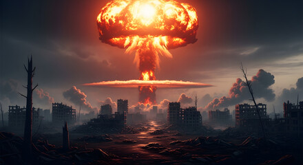 A nuclear bomb explosion creates a mushroom cloud over a desolate post-apocalyptic city