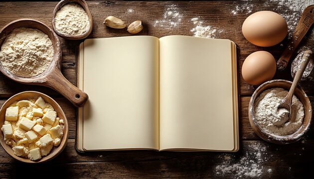 Cookbook mockup featuring baked goods, dairy, and cooking ingredients beautifully arranged.