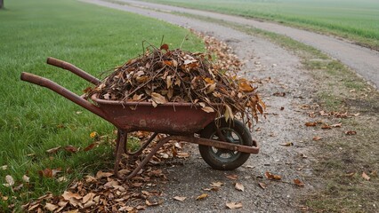 Amidst nature, a red wheelbarrow holds fallen leaves and gardening debris.