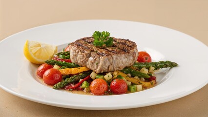 Tuna Steak Cooked on Grill Alongside Assorted Vegetables