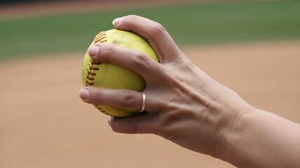 A softball held by a hand ready to be pitched on a field 