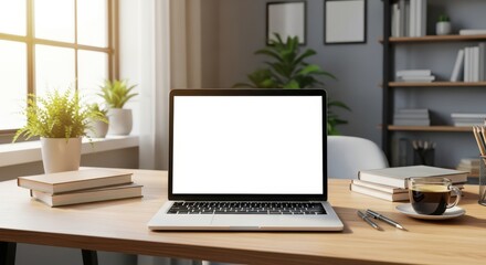 A modern workspace featuring a laptop, books, and plants for a productive atmosphere.