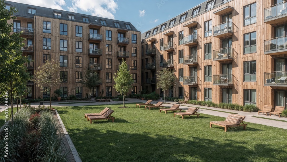 Poster contemporary block of flats with courtyard and environmentally friendly features