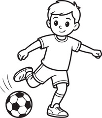 Obraz premium Cartoon Boy Kicking Soccer Ball Black and White Outline Vector Illustration