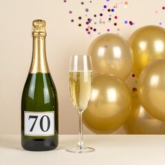 Champagne bottle and glass with number 70. Festive photo for birthday or anniversary party