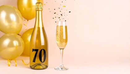 Champagne bottle and glass with number 70. Festive photo for birthday or anniversary party