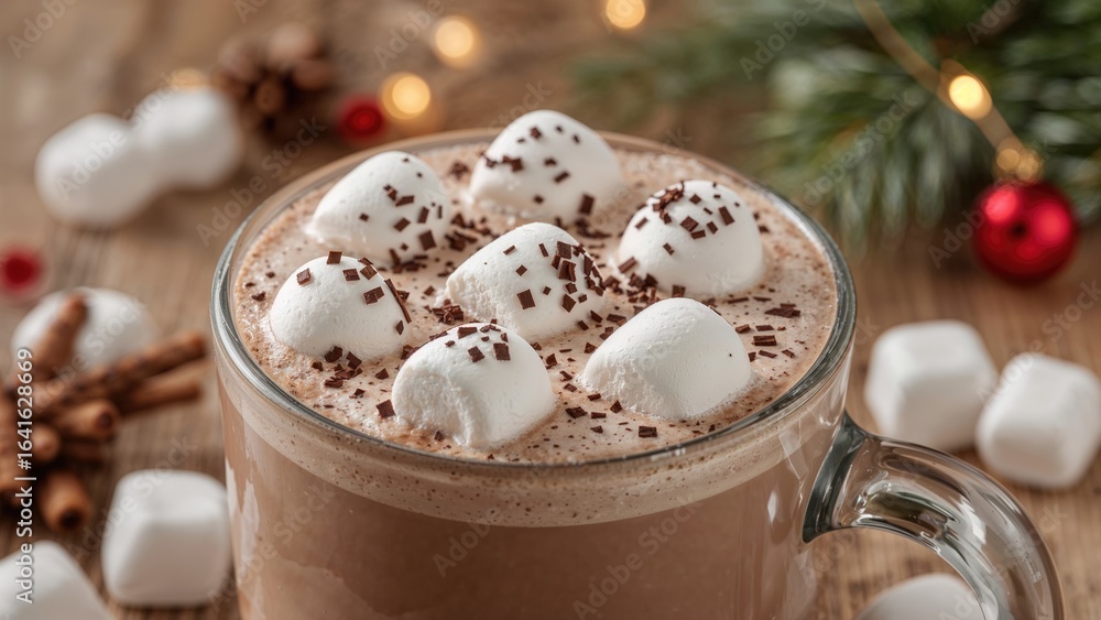 Poster steaming chocolate beverage layered with soft marshmallows
