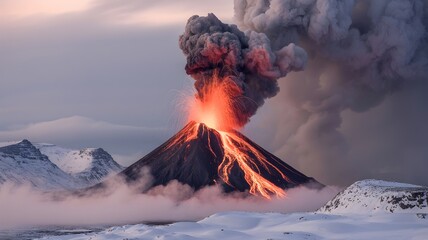 An erupting volcano spewing molten lava and ash into the sky, a dramatic display of nature's power amidst a snowy landscape