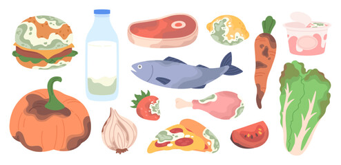 Cartoon expired products. Compost elements, organic waste. Unwise use of food resources. Fruits and vegetables with mildew, recycle waste racy vector set