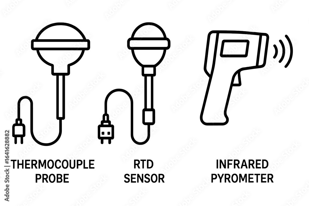 Poster industrial temperature sensor vector icons. thermocouple probe, rtd sensor, infrared pyrometer. outl