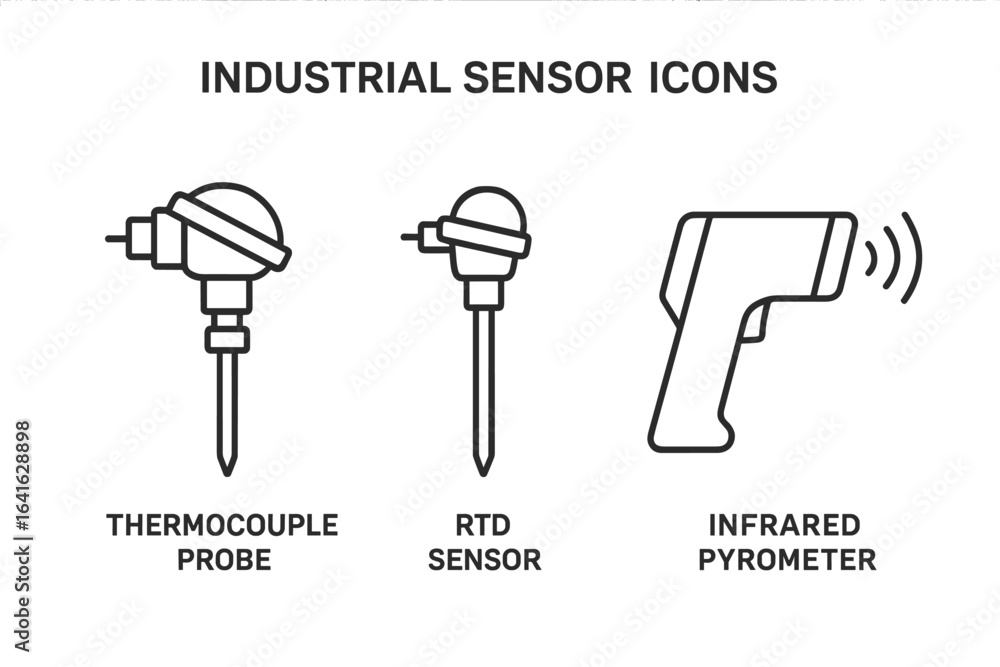 Poster industrial sensor icon set in a simple outline style. vector illustrations of temperature measuremen