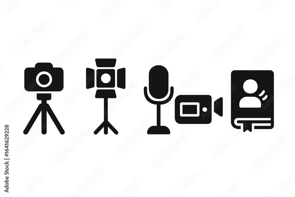 Poster interview setup solid icon set. vlogging and podcasting equipment glyphs. camera on tripod, studio l
