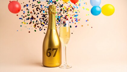 Champagne bottle and glass with number 67. Festive photo for birthday or anniversary party