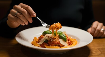 Hand holding a fork about to taste a delicious dish, showcasing culinary presentation and inviting flavors, perfect for concepts of gastronomy, fine dining, and food enjoyment