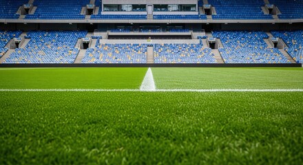 Fototapeta premium Empty Soccer Stadium with Vibrant Green Field and Blue Seating, Ready for Game Day
