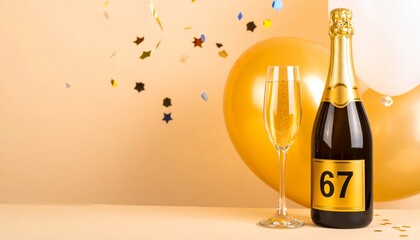 Champagne bottle and glass with number 67. Festive photo for birthday or anniversary party