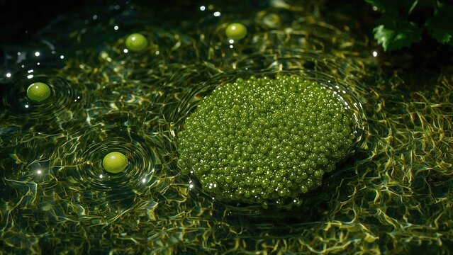 Green Grape-like Seaweed Background with Water and Natural Ingredients
