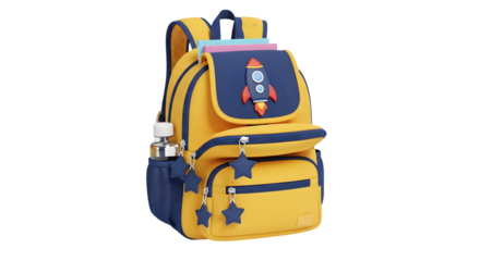 Yellow and blue childrens backpack with rocket design, water bottle holder, and star zipper pulls, isolated on transparent background