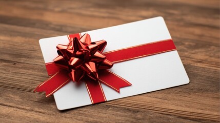 Gift card resting on rustic wooden surface, adorned with festive red ribbon, symbolizing seasonal holiday or celebratory gift giving moment