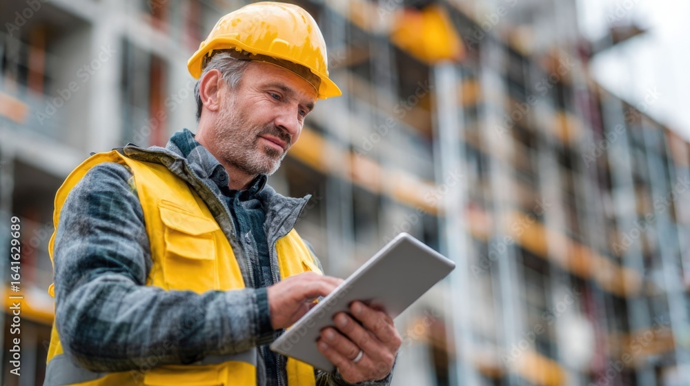 Poster civil engineer or architect with hardhat on construction site checking schedule on tablet computer