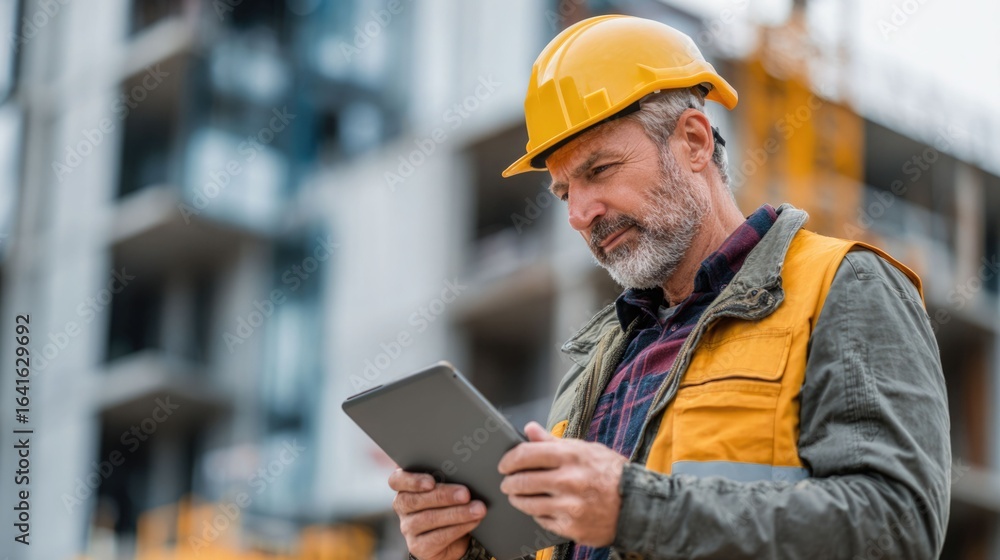 Poster civil engineer or architect with hardhat on construction site checking schedule on tablet computer