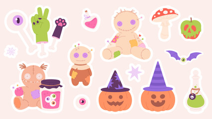 Halloween elements sticker pack. Cartoon bones, zombie hand, cat paw, voodoo dolls, poison bottles and spider web. Witchcraft set, vector clipart