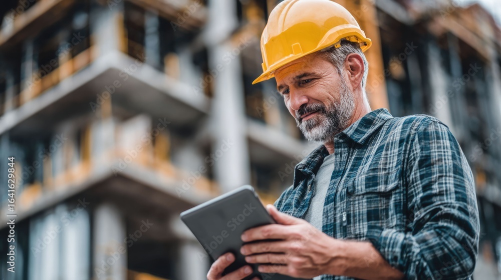 Poster civil engineer or architect with hardhat on construction site checking schedule on tablet computer