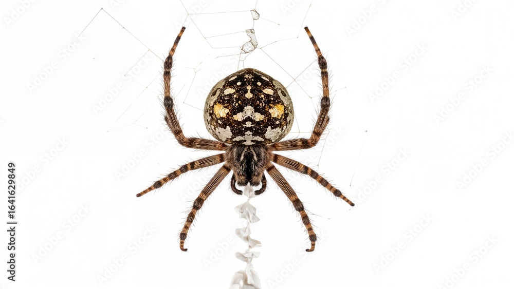 Poster macro image focusing on the finger-like structures of a spider as it creates its delicate web.